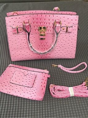 Dasein Pink Faux Ostrich Style Hand Bag, Purse, Crossbody, Satchel, Roomy